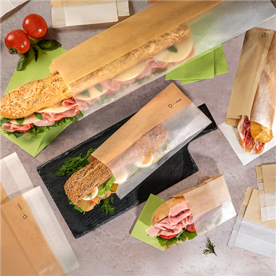 SACHETS POUR SANDWICHES AVEC FENÊTRE ECO 'CORNER WINDOW' 38 G/M2 9+5,5x18 CM NATUREL PARCH.INGRAISSABLE (250 UNITÉ) – Image 3