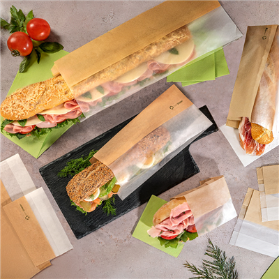 SACHETS POUR SANDWICHES AVEC FENÊTRE ECO 'CORNER WINDOW' 40 G/M2 9+5,5x26 CM NATUREL PARCH.INGRAISSABLE (250 UNITÉ) – Image 3