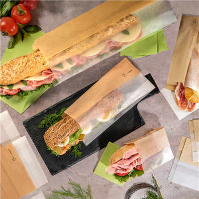SACHETS POUR SANDWICHES AVEC FENÊTRE ECO 'CORNER WINDOW' 40 G/M2 9+5,5x30 CM NATUREL PARCH.INGRAISSABLE (250 UNITÉ) – Image 3