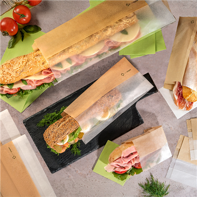 SACHETS POUR SANDWICHES AVEC FENÊTRE ECO 'CORNER WINDOW' 40 G/M2 9+5,5x38 CM NATUREL PARCH.INGRAISSABLE (250 UNITÉ) – Image 3