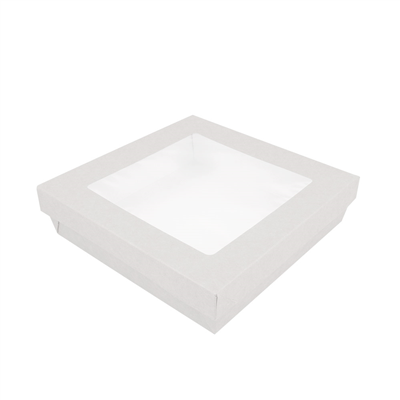 PETITES BOÎTES+COUVERCLES AVEC FÊNETRE 1000 ML 300 + 18 PE G/M2 18,5x18,5x4 CM BLANC CARTON (200 UNITÉ)