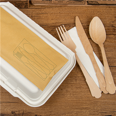 SET 4/1 FOURCHETTE, COUTEAU, CUILLÈRE, SERVIETTE 'CLASSIC'  20 CM NATUREL BOIS (100 UNITÉ) – Image 2