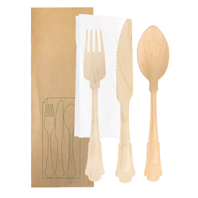 SET 4/1 FOURCHETTE, COUTEAU, CUILLÈRE, SERVIETTE 'CLASSIC'  20 CM NATUREL BOIS (100 UNITÉ)