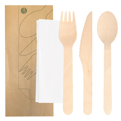 SET 4/1 COUVERTS +SERVIETTE 'WOOD' MAKAN  16 CM NATUREL BOIS (100 UNITÉ)
