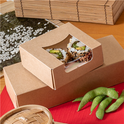 RÉCIPIENTS SUSHI+FÊNETRE 'THEPACK' 220 G/M2 + OPP 10x10x4 CM MARRON CARTON ONDULÉ NANO-MICRO (400 UNITÉ) – Image 5
