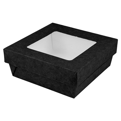 PETITES BOÎTES+COUVERCLES AVEC FÊNETRE 'THEPACK' 500 ML 230 G/M2 + 12PP + OPP 12x12x5 CM NOIR CARTON ONDULÉ NANO-MICRO (250 UNITÉ)