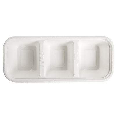 PLATEAUX 3 COMPART 'BIONIC' 500 ML 22,5x9,6x4,3 CM BLANC BAGASSE (600 UNITÉ) – Image 3