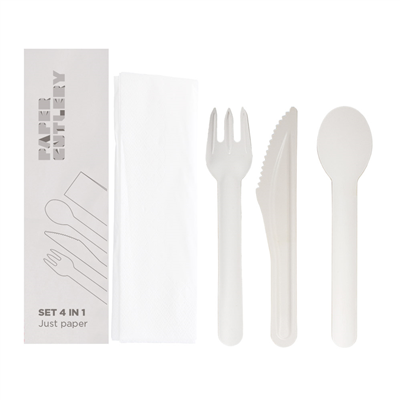 SET 4/1 FOURCHETTE, COUTEAU, CUILLÈRE, SERVIETTE 'PAPER CUTLERY'  15,8 CM BLANC PAPIER (100 UNITÉ)