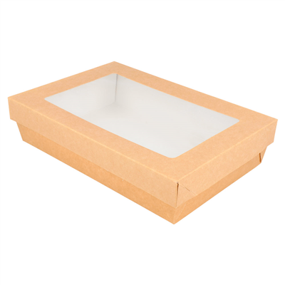 PETITES BOÎTES+COUVERCLES AVEC FÊNETRE 1300 ML 290 + 18 PE G/M2 21x14x5 CM MARRON CARTON (200 UNITÉ)