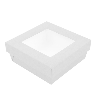 PETITES BOÎTES+COUVERCLES AVEC FÊNETRE 500 ML - 16,6 oz 300 + 18 PE G/M2 12x12x5 CM BLANC CARTON (250 UNITÉ)