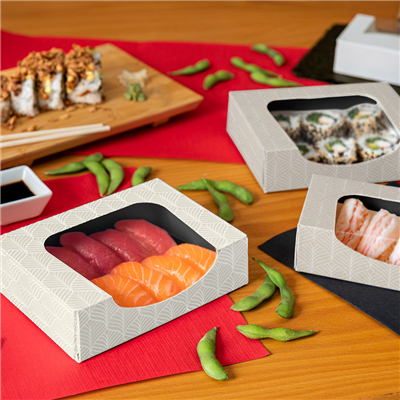 RÉCIPIENTS SUSHI+FÊNETRE 'THEPACK KINTSU' 230 + 15 PE G/M2 + OPP 17,5x12x4,5 CM BLANC/NOIRE CARTON ONDULÉ NANO-MICRO (400 UNITÉ) – Image 2