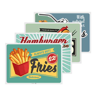 SETS DE TABLE 'VINTAGE - FAST FOOD'  70 G/M2 31x43 CM QUADRICHROMIE CELLULOSE (2000 UNITÉ)