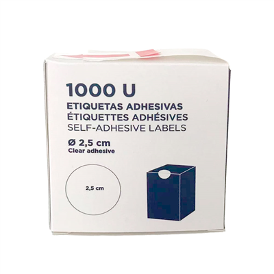 DISTRIBUTEUR DE 1000 ÉTIQUETTES ADHÉSIVES  Ø 2,5 CM TRANSPARENT ADHESIF (1 UNITÉ)