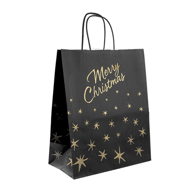 SACS SOS AVEC ANSES 'MERRY CHRISTMAS'  80 G/M2 26+14x32 CM NOIR KRAFT (250 UNITÉ)