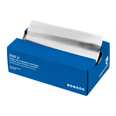 ALUMINIUM GAUFRÉ EN BOÎTE DISTRIBUTRICE  15µ 30,5x27,3 CM ARGENTE ALUMINIUM (500 UNITÉ)