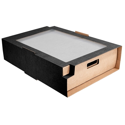 PLATEAUX TRAITEUR + ÉTUI AVEC FENÊTRE 'THEPACK'  400 G/M2 + OPP 34x26,5x11,5 CM NOIR CARTON NANO-MICRO + OPP (25 UNITÉ)