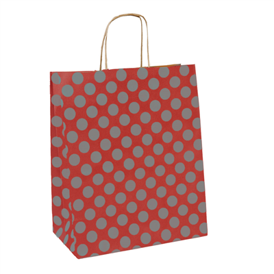 SACS SOS AVEC ANSES 'POLKA DOTS' 80 G/M2 20+10x29 CM ROUGE/ARGENT KRAFT (250 UNITÉ)